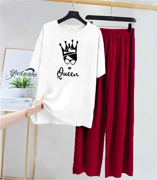 Casual White T-Shirt & Maroon Trouser Set